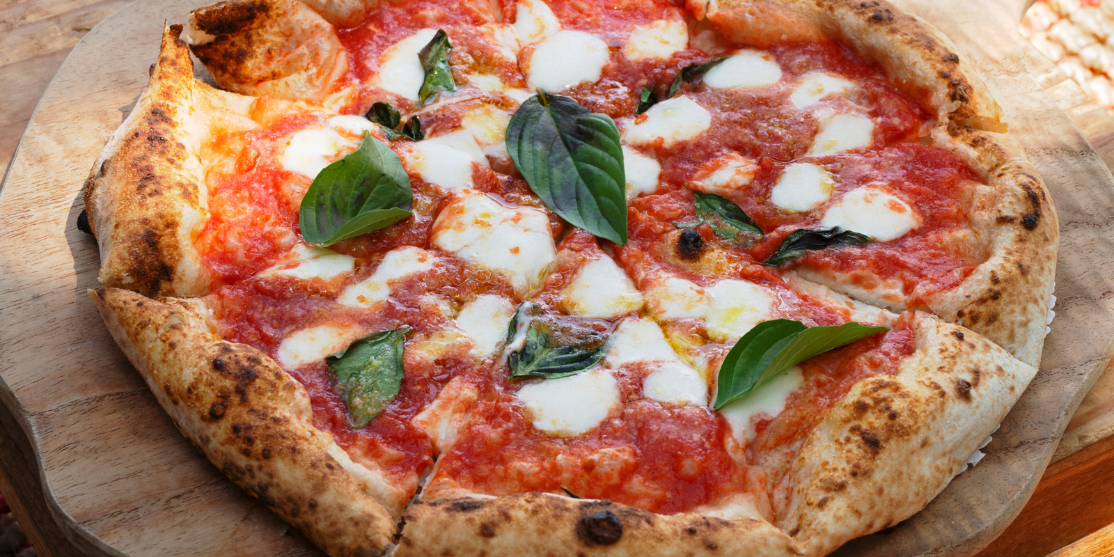 Overhead authentic blistered Neapolitan Pizza